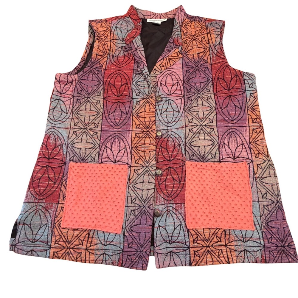 Serengeti Tapestry Vest Womens XL Orange Purple Geometric Button Front Boho Art